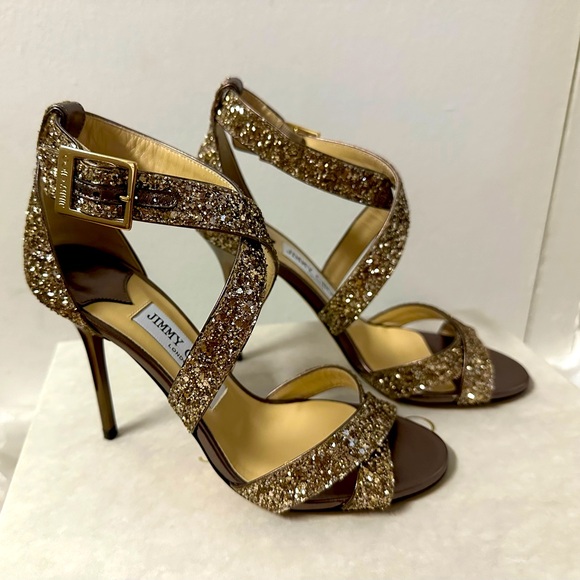 Jimmy Choo Lottie Gold Heels 35 5 Holiday Party Sparkling NIB Metallic - Picture 1 of 5